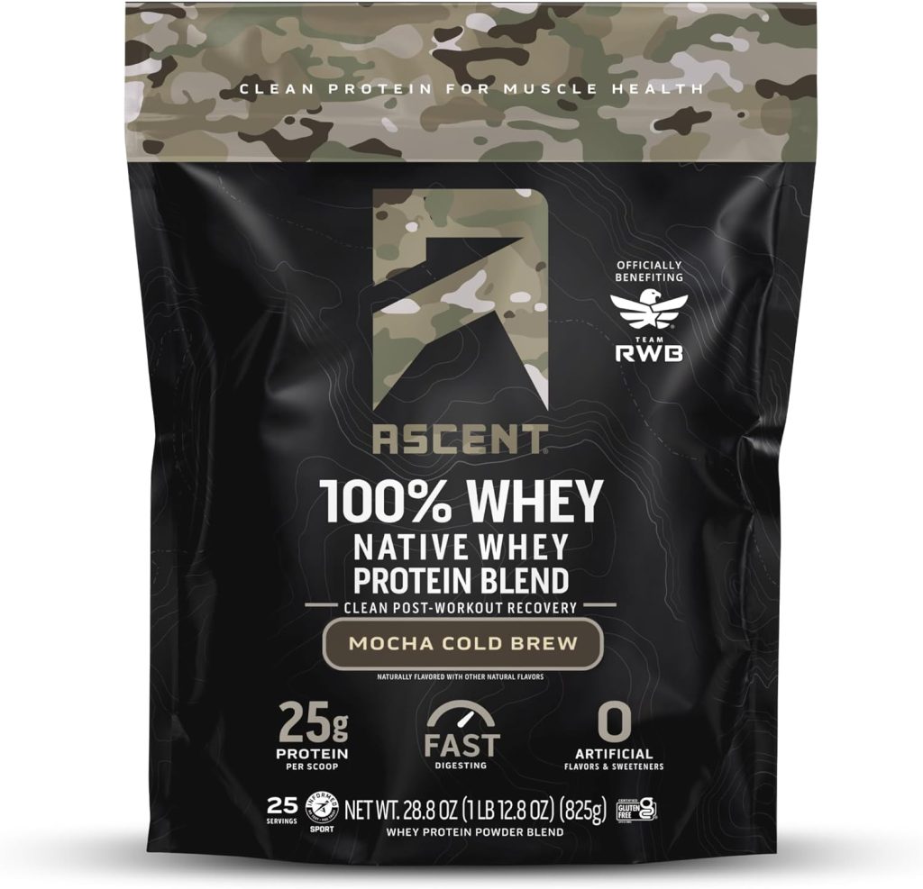 Ascent 100% Whey Protein Powder - Post Workout Whey Protein Isolate, Zero Artificial Flavors Sweeteners, Gluten Free, 5.5g BCAA, 2.6g Leucine, Military Exclusive, Mocha Cold Brew 1.7 lb