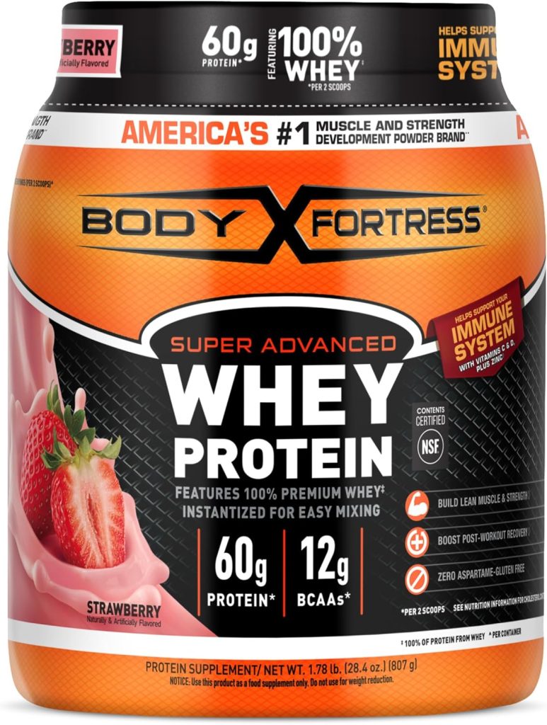 Body Fortress Super Advanced Whey Protein Powder, Chocolate, Immune Support (1), Vitamins C D Plus Zinc, 1.78 lbs (Packaging May Vary)