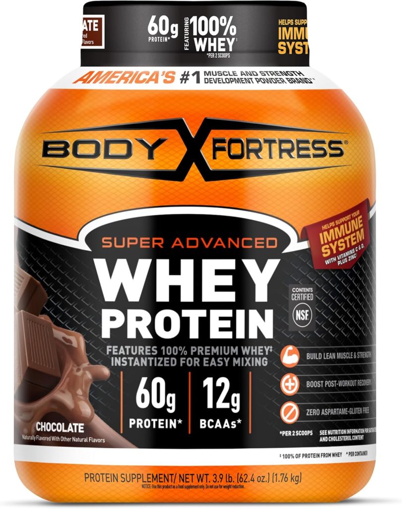 Body Fortress Super Advanced Whey Protein Powder, Chocolate, Immune Support (1), Vitamins C D Plus Zinc, 1.78 lbs (Packaging May Vary)