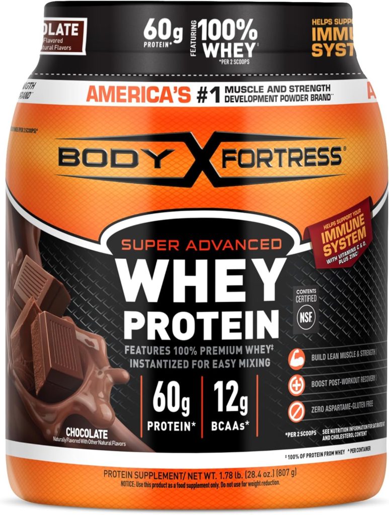 Body Fortress Super Advanced Whey Protein Powder, Chocolate, Immune Support (1), Vitamins C D Plus Zinc, 1.78 lbs (Packaging May Vary)