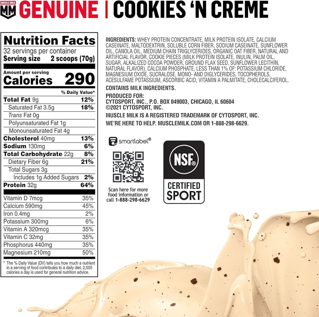 Muscle Milk Genuine Protein Powder, Chocolate, 4.94 Pound, 32 Servings, 32g Protein, 2g Sugar, Calcium, Vitamins A, C D, NSF Certified for Sport, Energizing Snack, Packaging May Vary