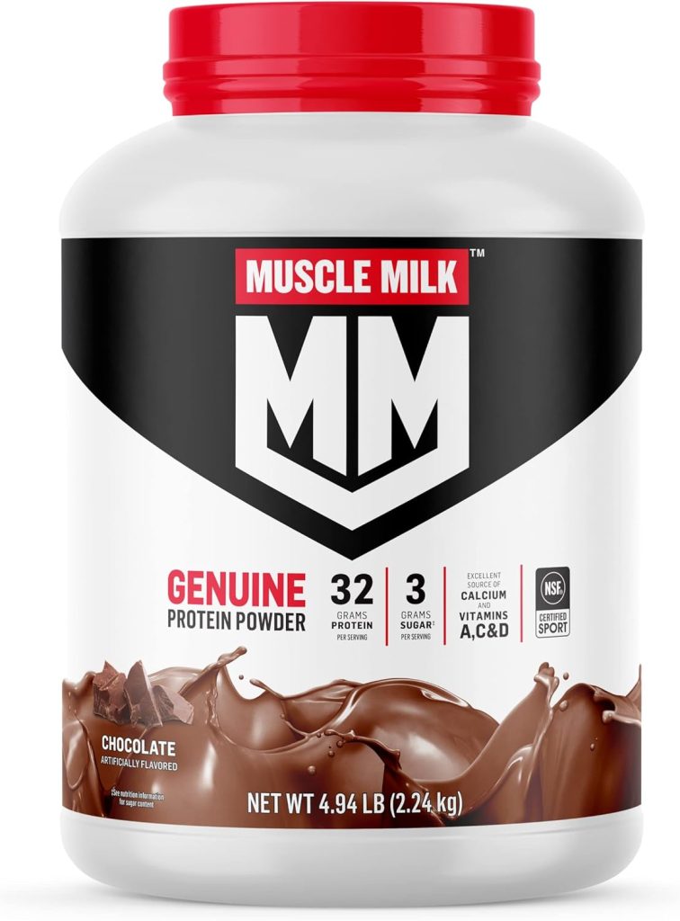 Muscle Milk Genuine Protein Powder, Chocolate, 4.94 Pound, 32 Servings, 32g Protein, 2g Sugar, Calcium, Vitamins A, C D, NSF Certified for Sport, Energizing Snack, Packaging May Vary