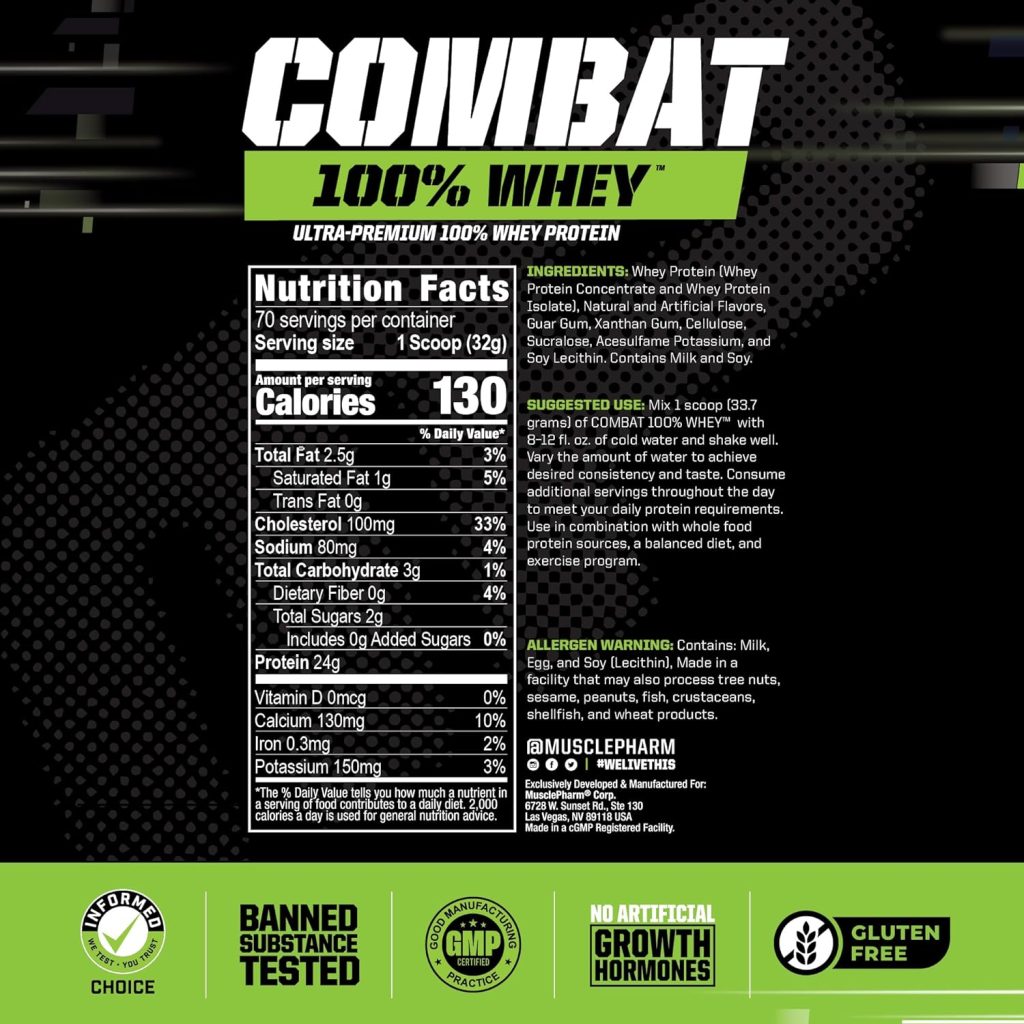 MusclePharm Combat 100% Whey Protein Powder, Vanilla Flavor, Fast Recovery Muscle Gain with Whey Protein Isolate, High Protein Powder for Women Men, Gluten Free, 5 lb, 70 Servings