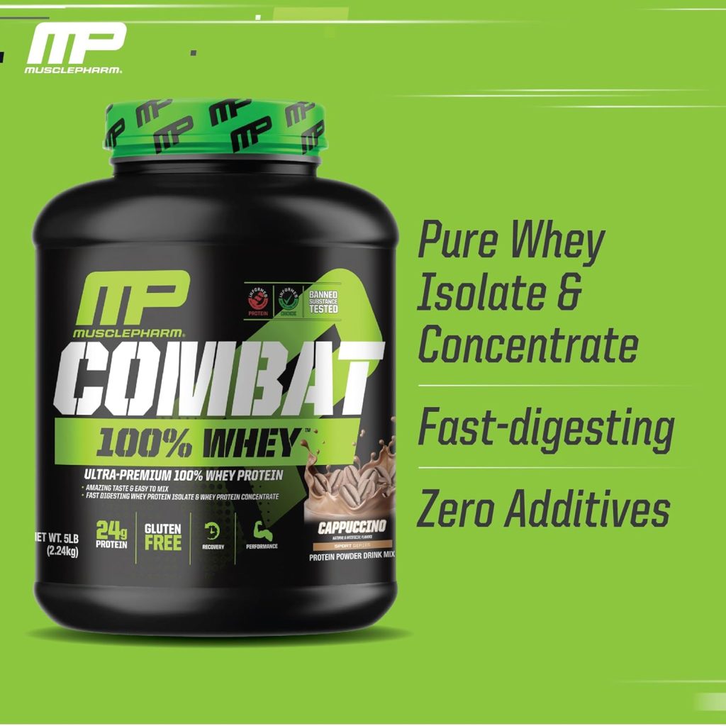 MusclePharm Combat 100% Whey Protein Powder, Vanilla Flavor, Fast Recovery Muscle Gain with Whey Protein Isolate, High Protein Powder for Women Men, Gluten Free, 5 lb, 70 Servings