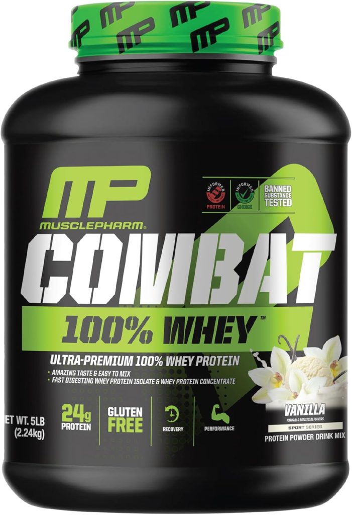 MusclePharm Combat 100% Whey Protein Powder, Vanilla Flavor, Fast Recovery Muscle Gain with Whey Protein Isolate, High Protein Powder for Women Men, Gluten Free, 5 lb, 70 Servings