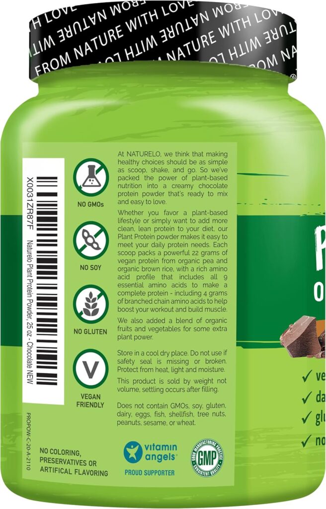 NATURELO Plant Protein Powder, Chocolate, 22g Protein - Non-GMO, Vegan, No Gluten, Dairy, or Soy - No Artificial Flavors, Synthetic Coloring, Preservatives, or Additives - 20 Servings